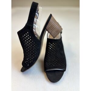 Franco Sarlo Mandi Blk Suede Block Heel Shoes Peep Toe Buckle Sz 6.5‎ Sling Back